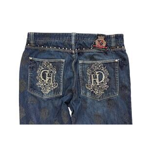 Crown Holder Vintage Button Fly Velvet Gem Embroidered Blue Jeans 40x34 Hip Hop
